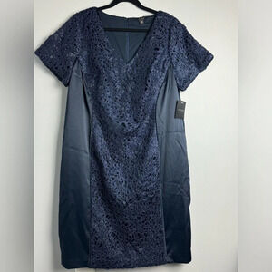 LE BOS Navy Blue Satin embroidered sheath dress
